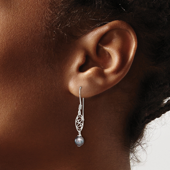 Sterling Polished Filigree 5 6mm Grey Freshwater Cultured Pearl Dangle Earrings - Picture 3 of 4